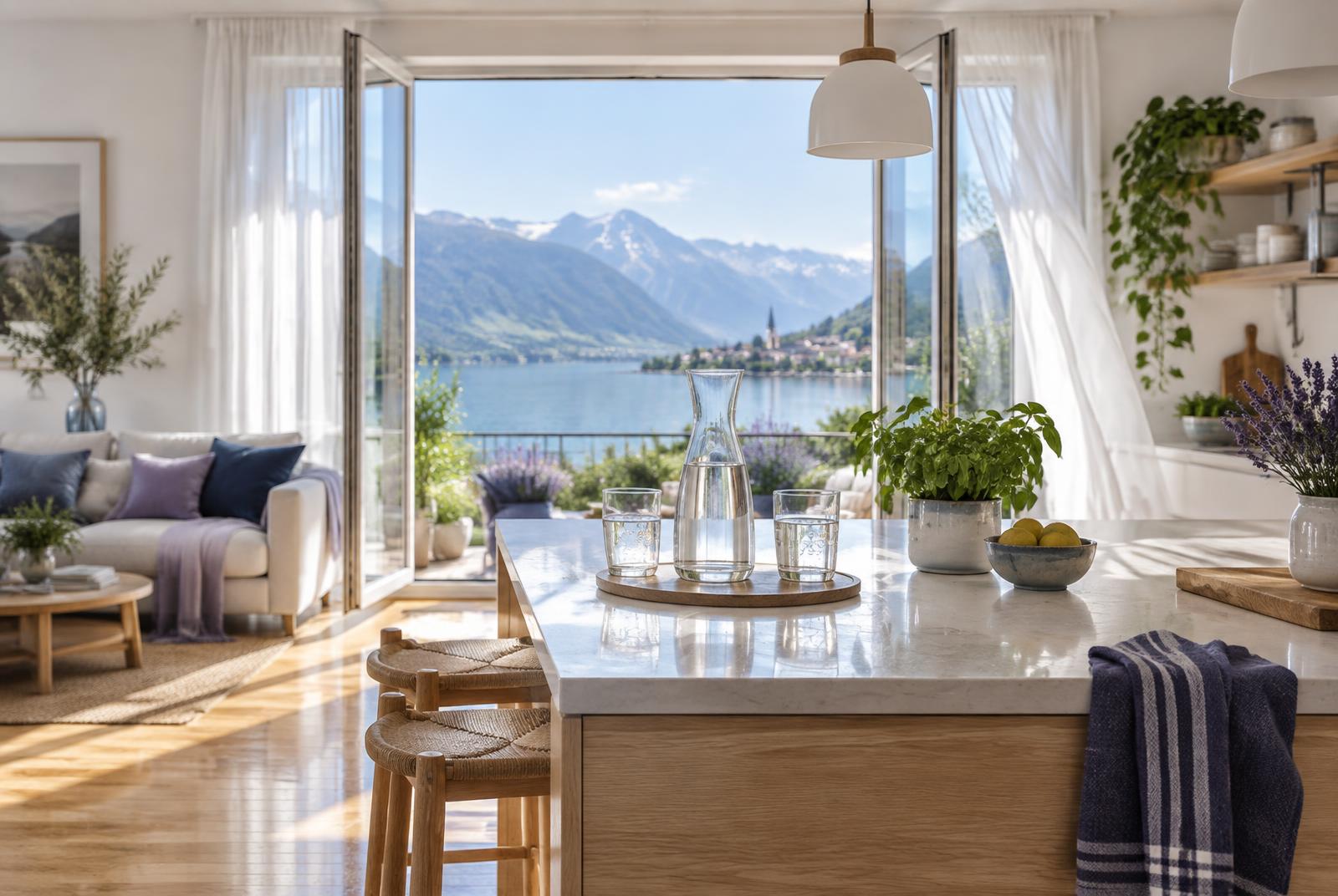 Helle Wohnküche mit offenem Fenster, sauberem Holzboden und einer Karaffe mit klarem Wasser