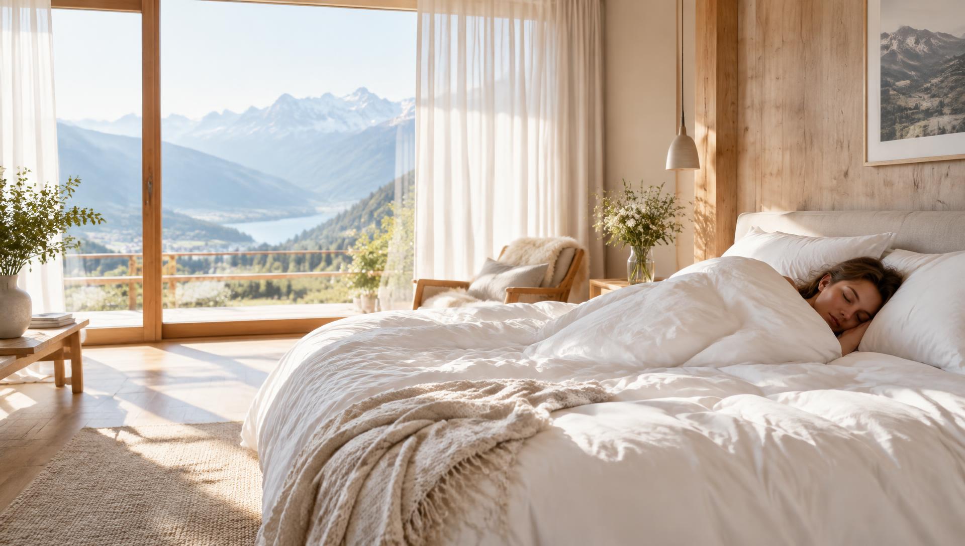 Ruhiges helles Schlafzimmer am Morgen mit entspannt schlafender Person
